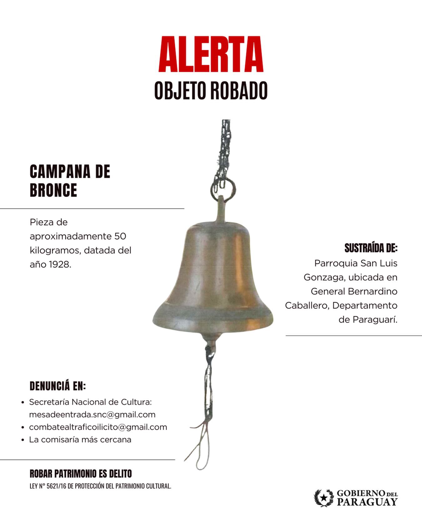 Piden colaboración ciudadana para hallar campana histórica sustraída